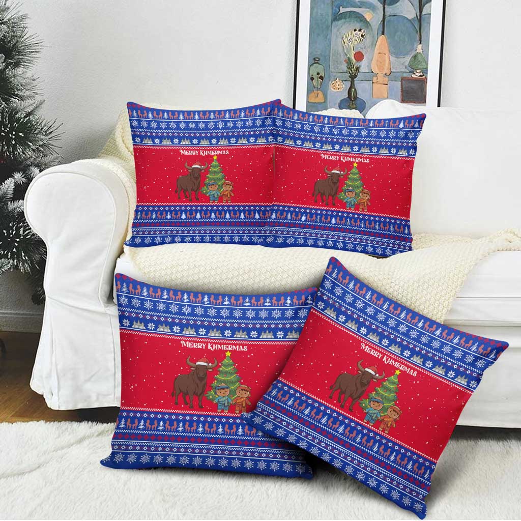 Cambodia Christmas Pillow Cover with Buffalo Children Holiday Tree Snowflakes and Khmer Pattern Design - Wonder Print Shop
