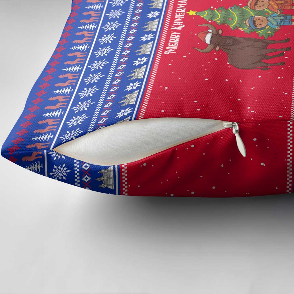 Cambodia Christmas Pillow Cover with Buffalo Children Holiday Tree Snowflakes and Khmer Pattern Design - Wonder Print Shop