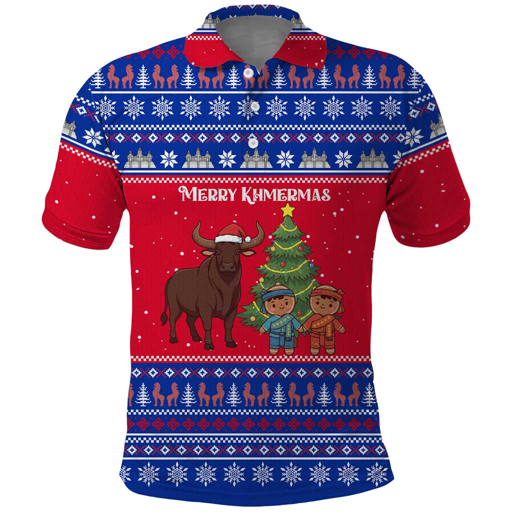 Cambodia Christmas Polo Shirt with Buffalo Children Holiday Tree Snowflakes and Khmer Pattern Design - Wonder Print Shop