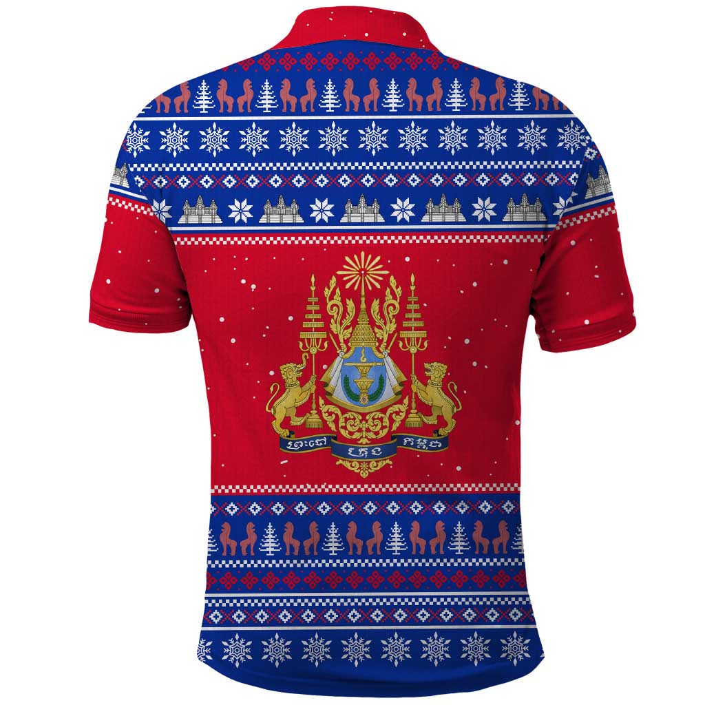 Cambodia Christmas Polo Shirt with Buffalo Children Holiday Tree Snowflakes and Khmer Pattern Design - Wonder Print Shop