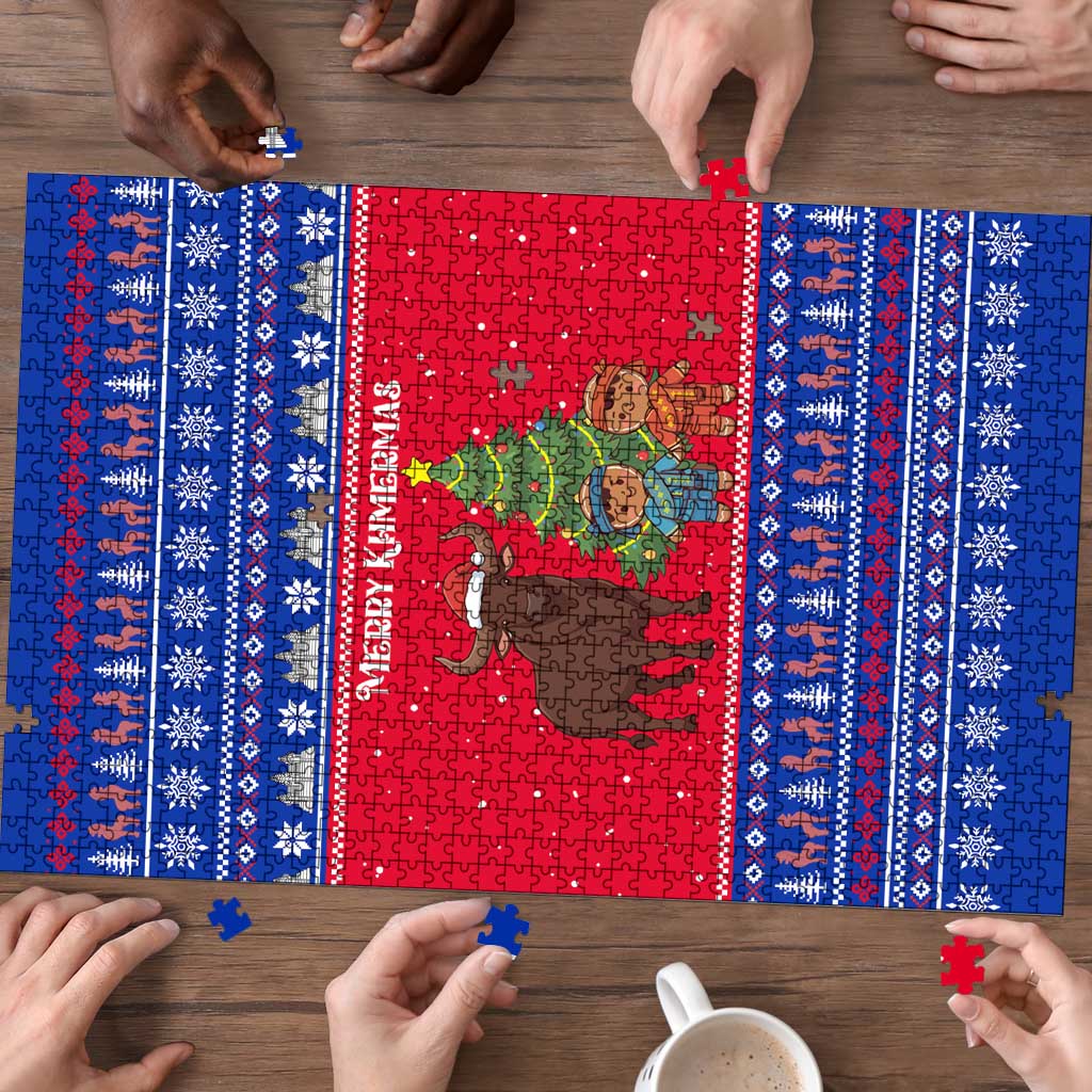 Cambodia Christmas Puzzle with Buffalo Children Holiday Tree Snowflakes and Khmer Pattern Design - Wonder Print Shop