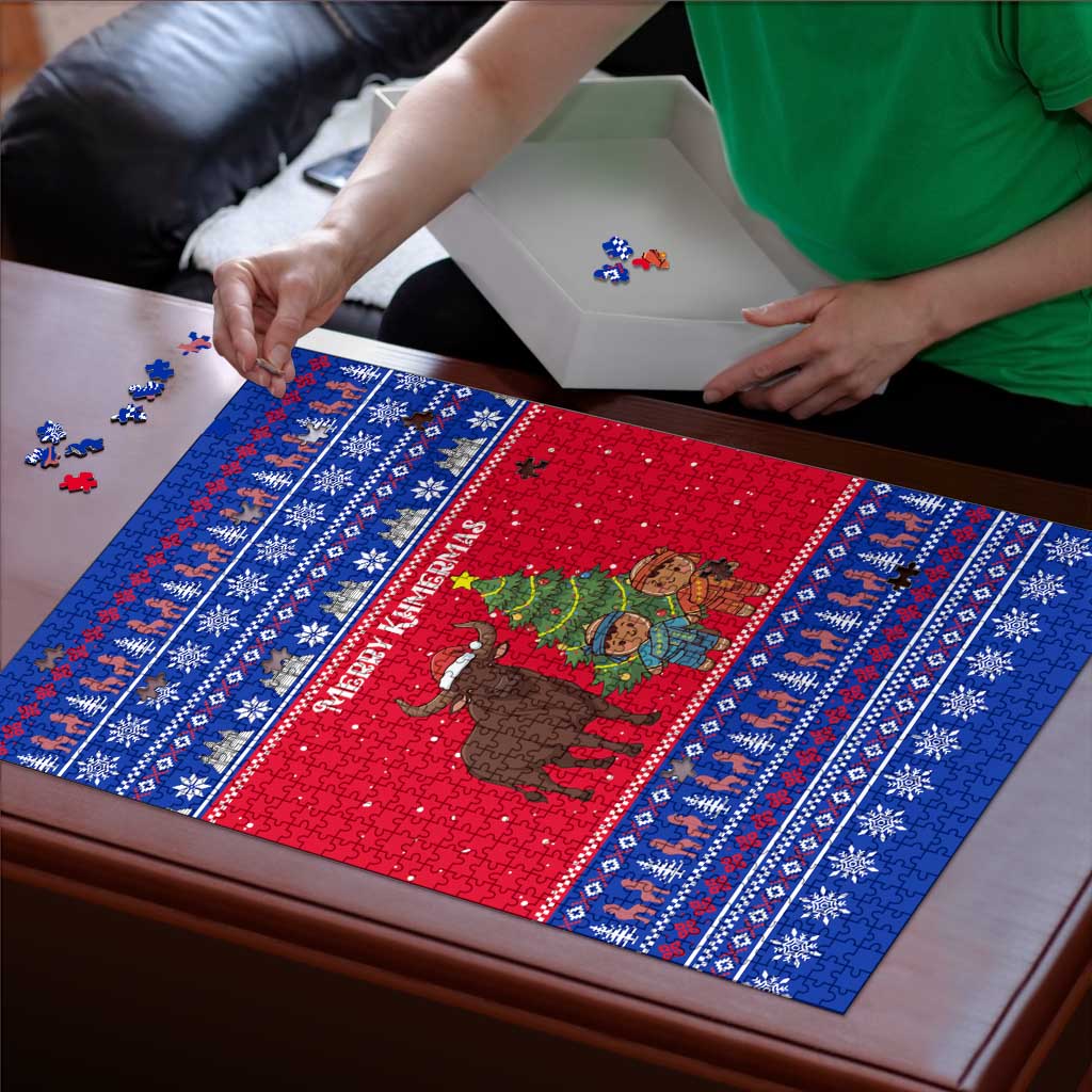 Cambodia Christmas Puzzle with Buffalo Children Holiday Tree Snowflakes and Khmer Pattern Design - Wonder Print Shop
