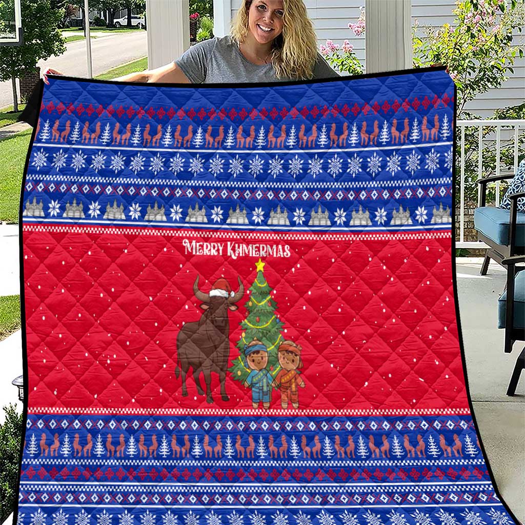 Cambodia Christmas Quilt with Buffalo Children Holiday Tree Snowflakes and Khmer Pattern Design - Wonder Print Shop