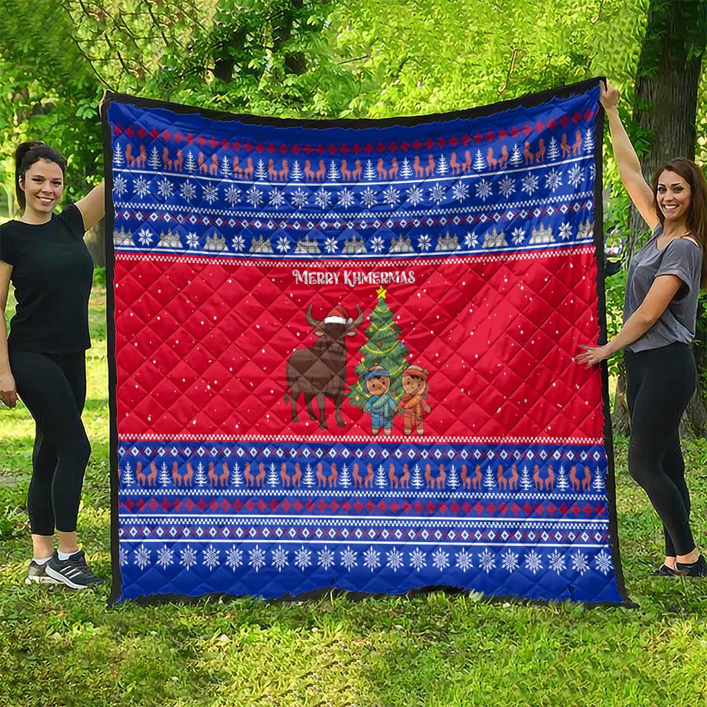 Cambodia Christmas Quilt with Buffalo Children Holiday Tree Snowflakes and Khmer Pattern Design - Wonder Print Shop