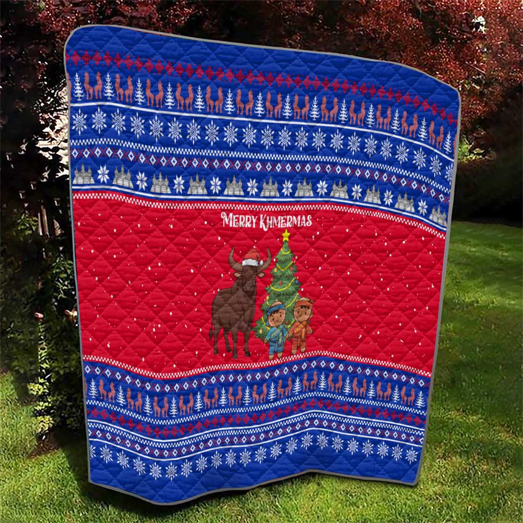 Cambodia Christmas Quilt with Buffalo Children Holiday Tree Snowflakes and Khmer Pattern Design - Wonder Print Shop