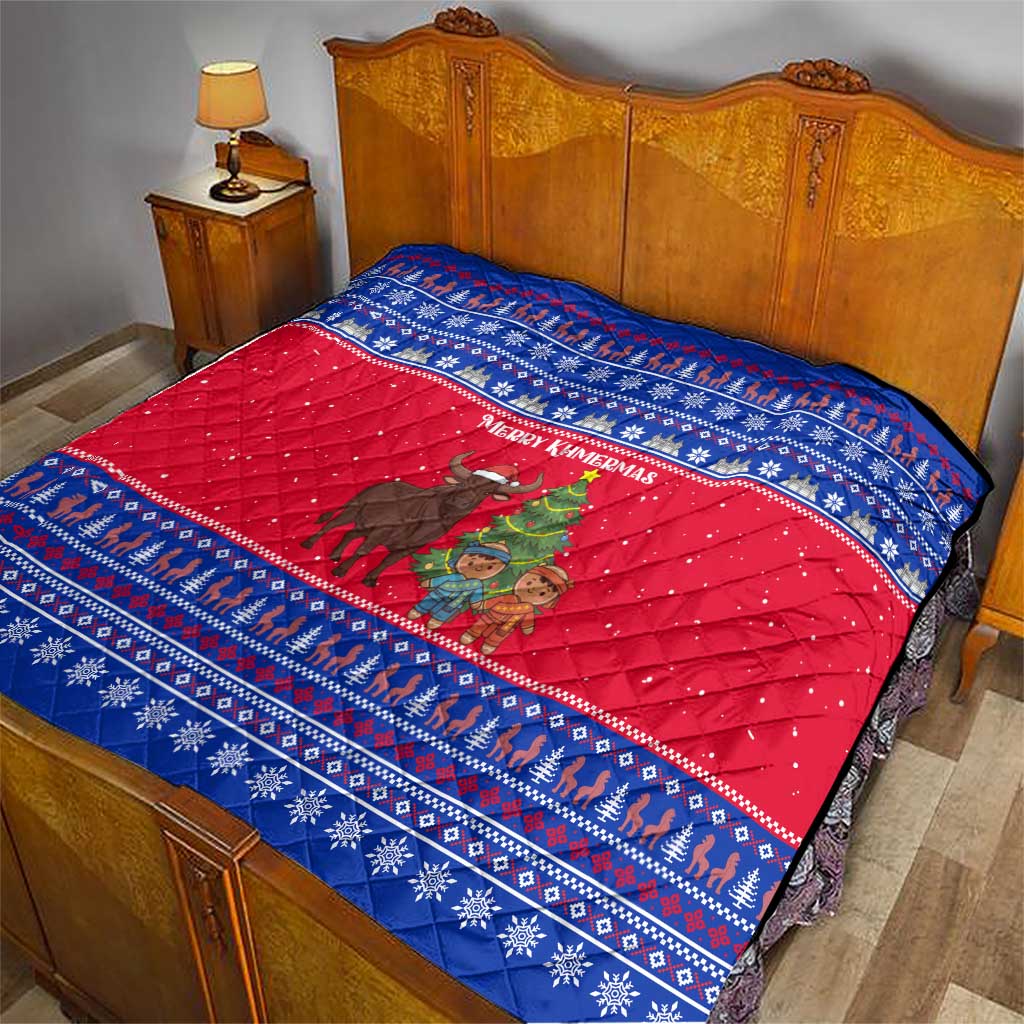 Cambodia Christmas Quilt with Buffalo Children Holiday Tree Snowflakes and Khmer Pattern Design - Wonder Print Shop