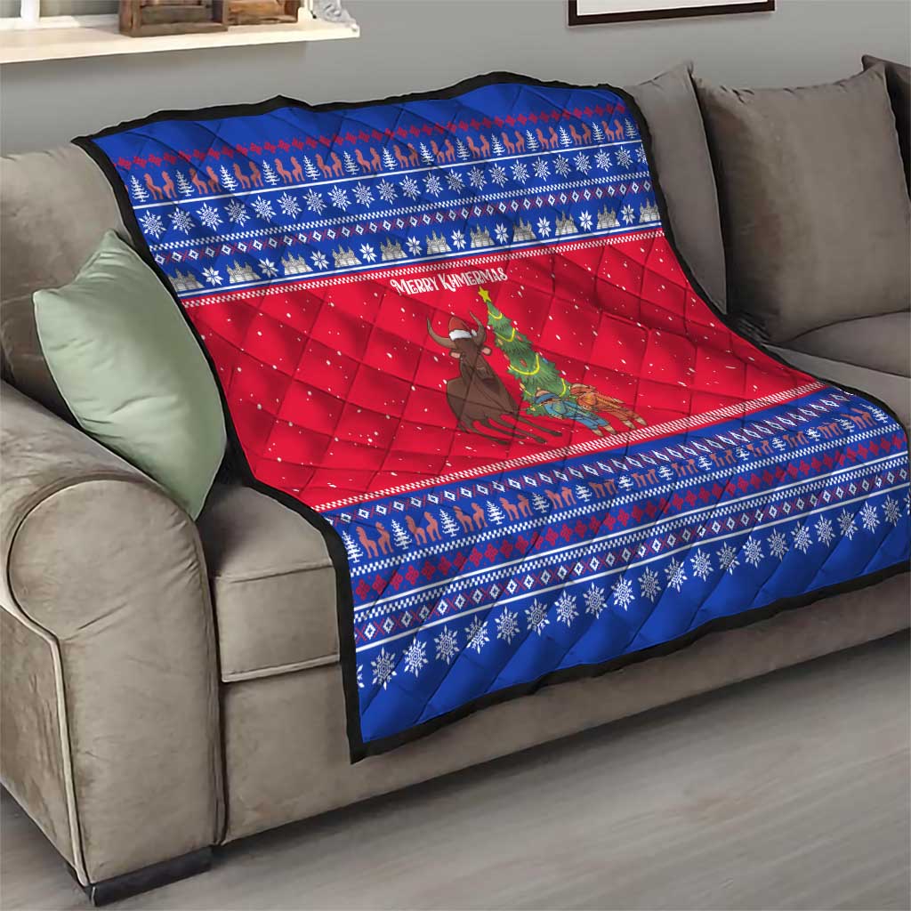 Cambodia Christmas Quilt with Buffalo Children Holiday Tree Snowflakes and Khmer Pattern Design - Wonder Print Shop