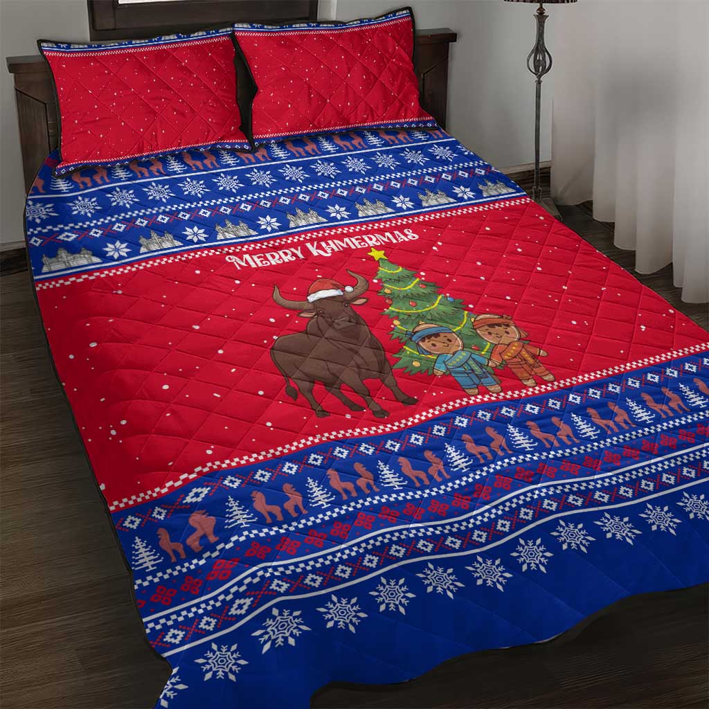 Cambodia Christmas Quilt Bed Set with Buffalo Children Holiday Tree Snowflakes and Khmer Pattern Design - Wonder Print Shop