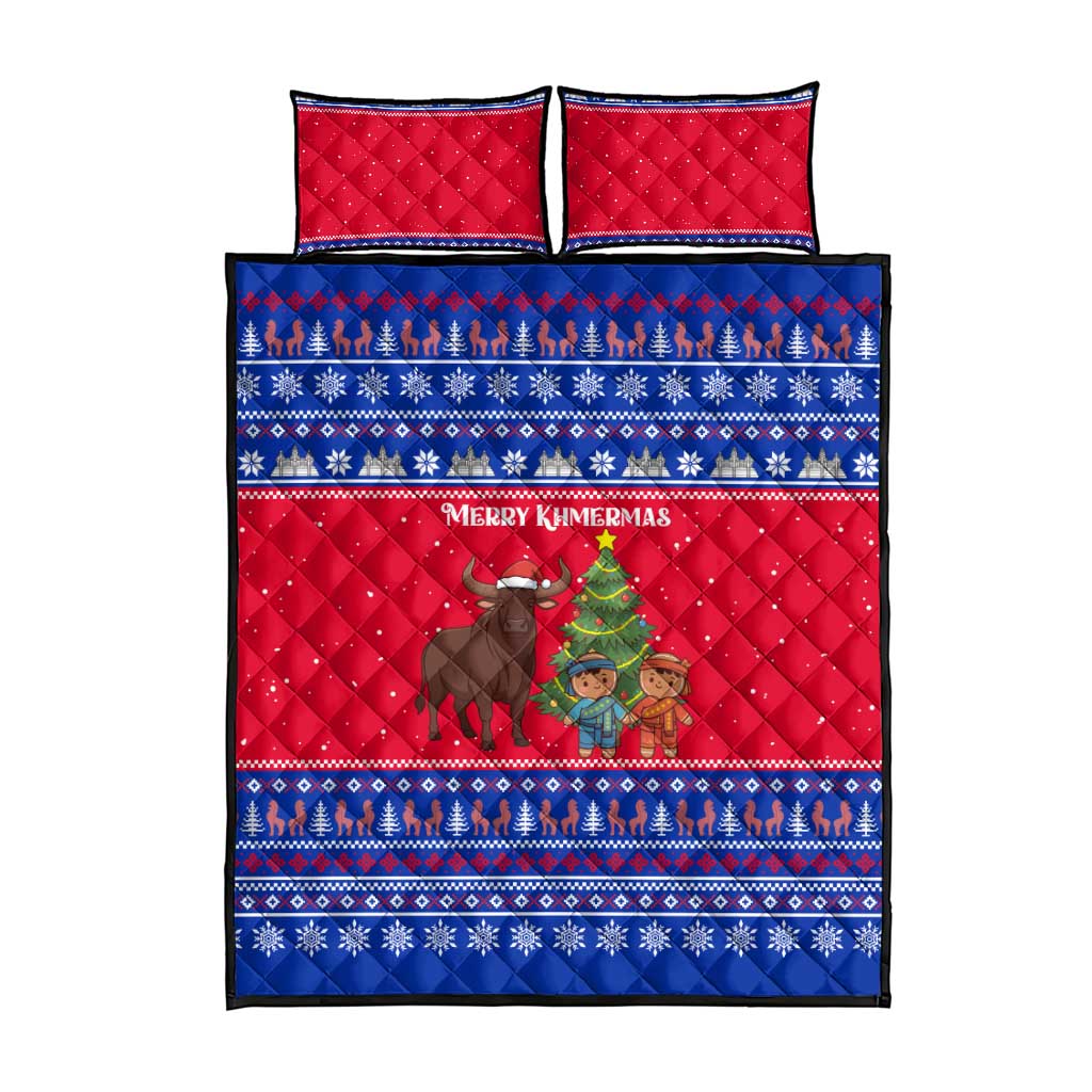 Cambodia Christmas Quilt Bed Set with Buffalo Children Holiday Tree Snowflakes and Khmer Pattern Design - Wonder Print Shop