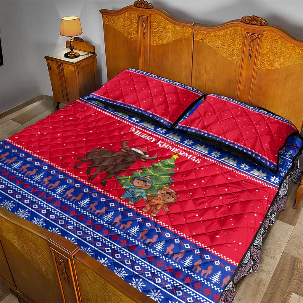 Cambodia Christmas Quilt Bed Set with Buffalo Children Holiday Tree Snowflakes and Khmer Pattern Design - Wonder Print Shop