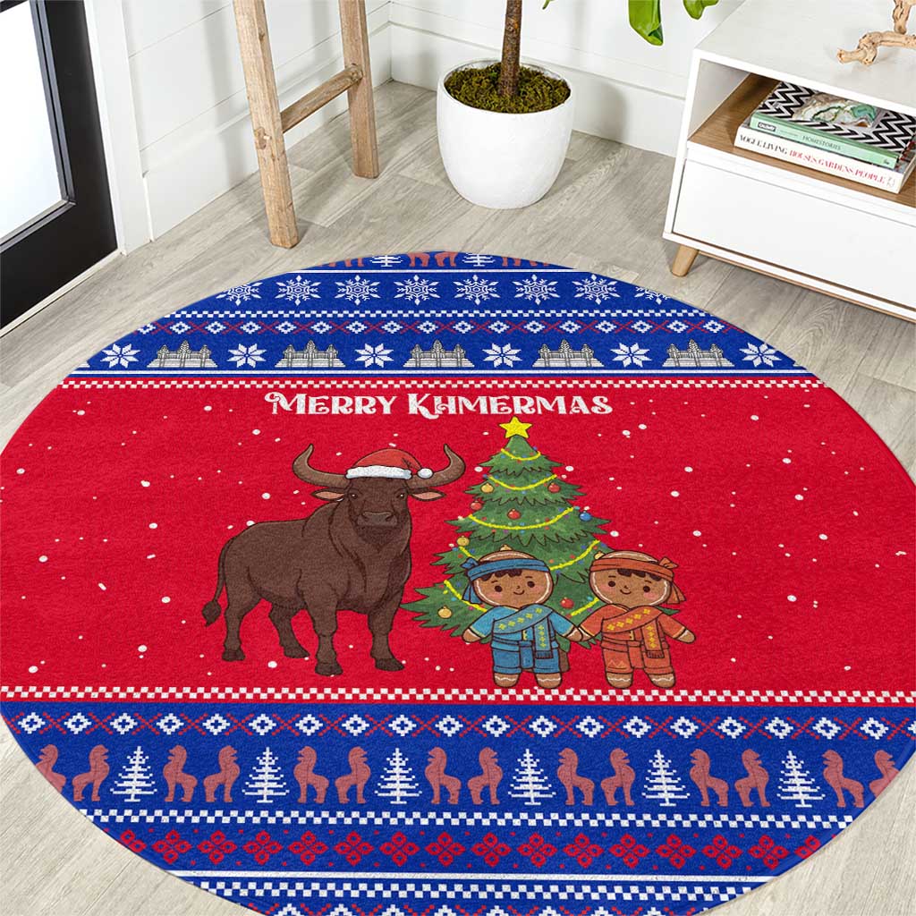 Cambodia Christmas Round Carpet with Buffalo Children Holiday Tree Snowflakes and Khmer Pattern Design - Wonder Print Shop