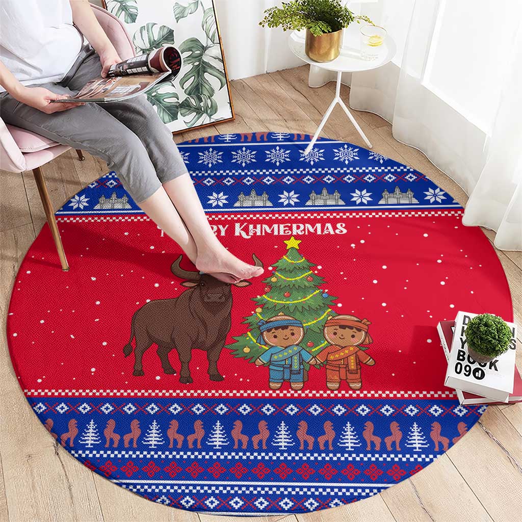Cambodia Christmas Round Carpet with Buffalo Children Holiday Tree Snowflakes and Khmer Pattern Design - Wonder Print Shop