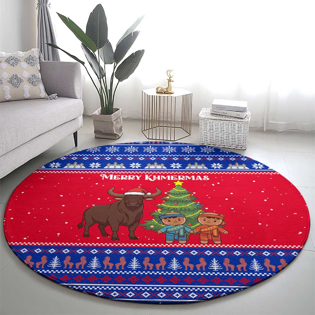 Cambodia Christmas Round Carpet with Buffalo Children Holiday Tree Snowflakes and Khmer Pattern Design - Wonder Print Shop