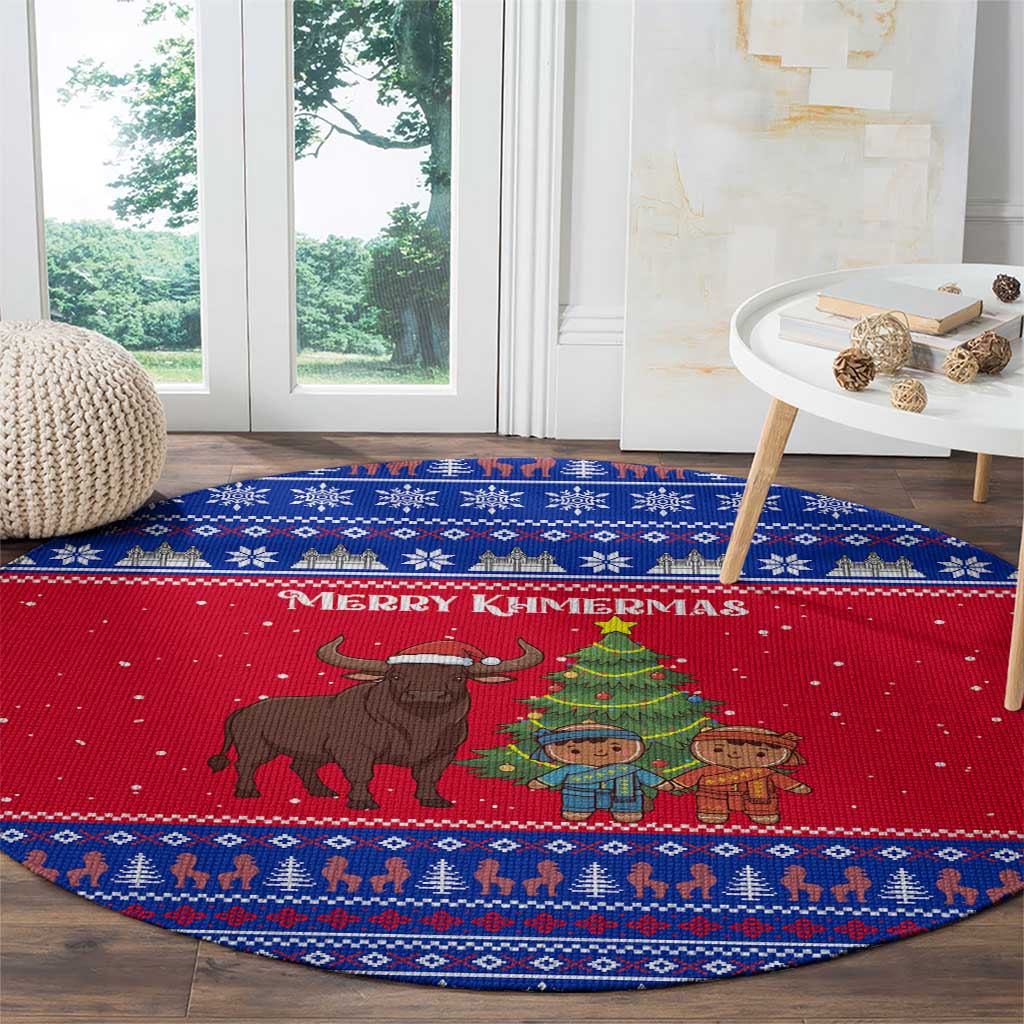 Cambodia Christmas Round Carpet with Buffalo Children Holiday Tree Snowflakes and Khmer Pattern Design - Wonder Print Shop