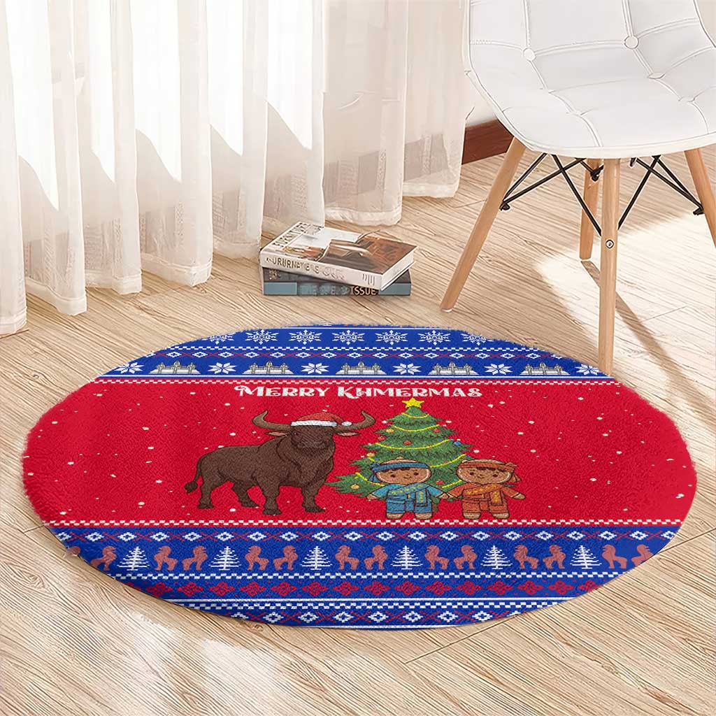 Cambodia Christmas Round Carpet with Buffalo Children Holiday Tree Snowflakes and Khmer Pattern Design - Wonder Print Shop