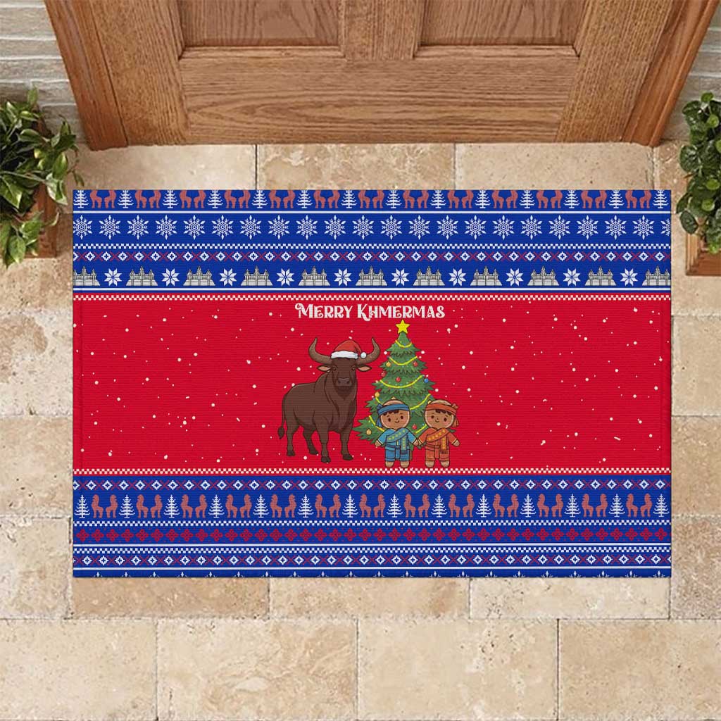 Cambodia Christmas Rubber Doormat with Buffalo Children Holiday Tree Snowflakes and Khmer Pattern Design - Wonder Print Shop
