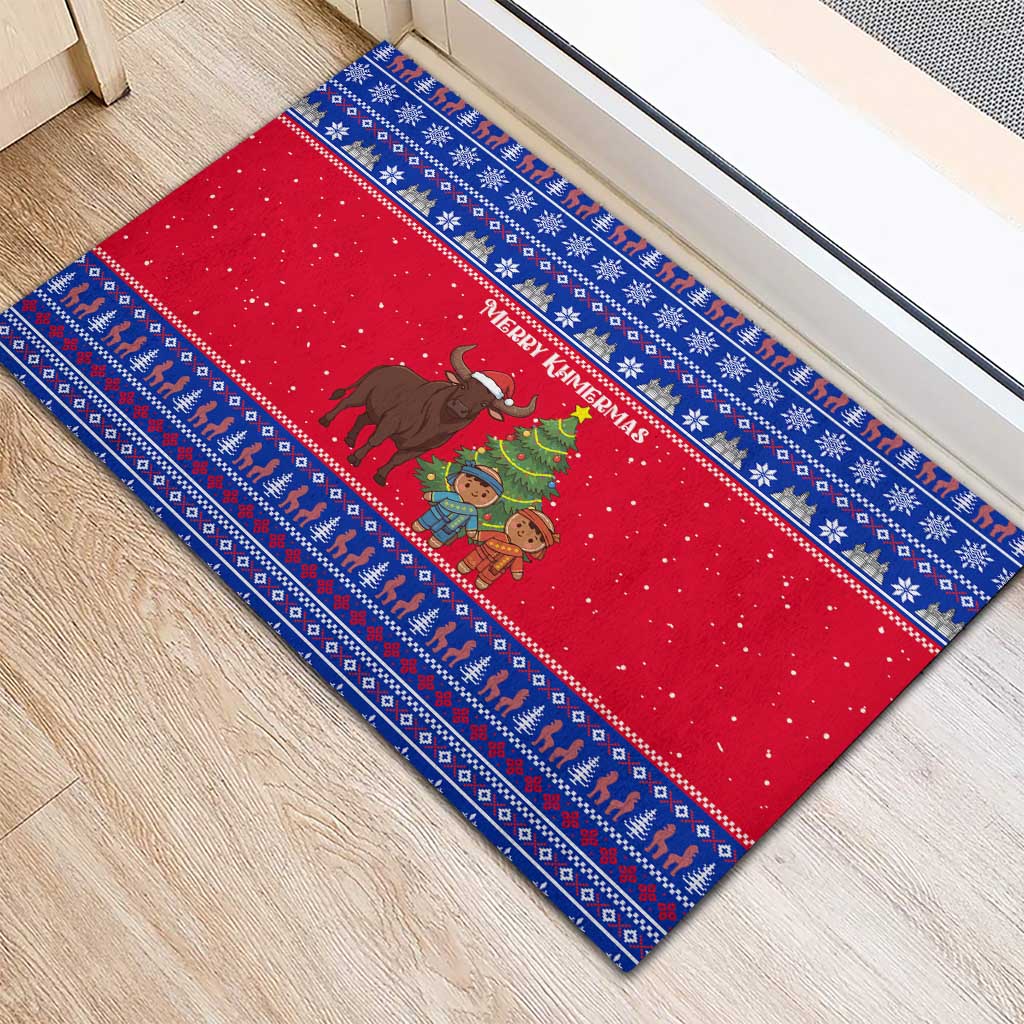 Cambodia Christmas Rubber Doormat with Buffalo Children Holiday Tree Snowflakes and Khmer Pattern Design - Wonder Print Shop