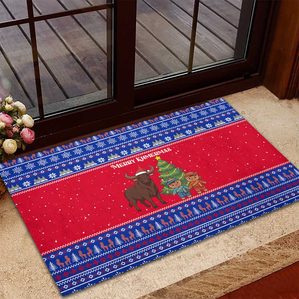 Cambodia Christmas Rubber Doormat with Buffalo Children Holiday Tree Snowflakes and Khmer Pattern Design - Wonder Print Shop
