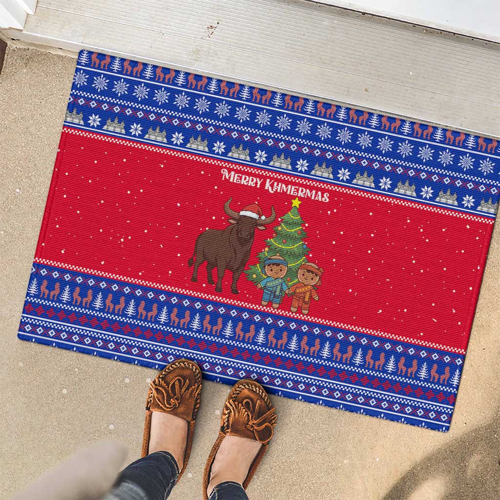 Cambodia Christmas Rubber Doormat with Buffalo Children Holiday Tree Snowflakes and Khmer Pattern Design - Wonder Print Shop