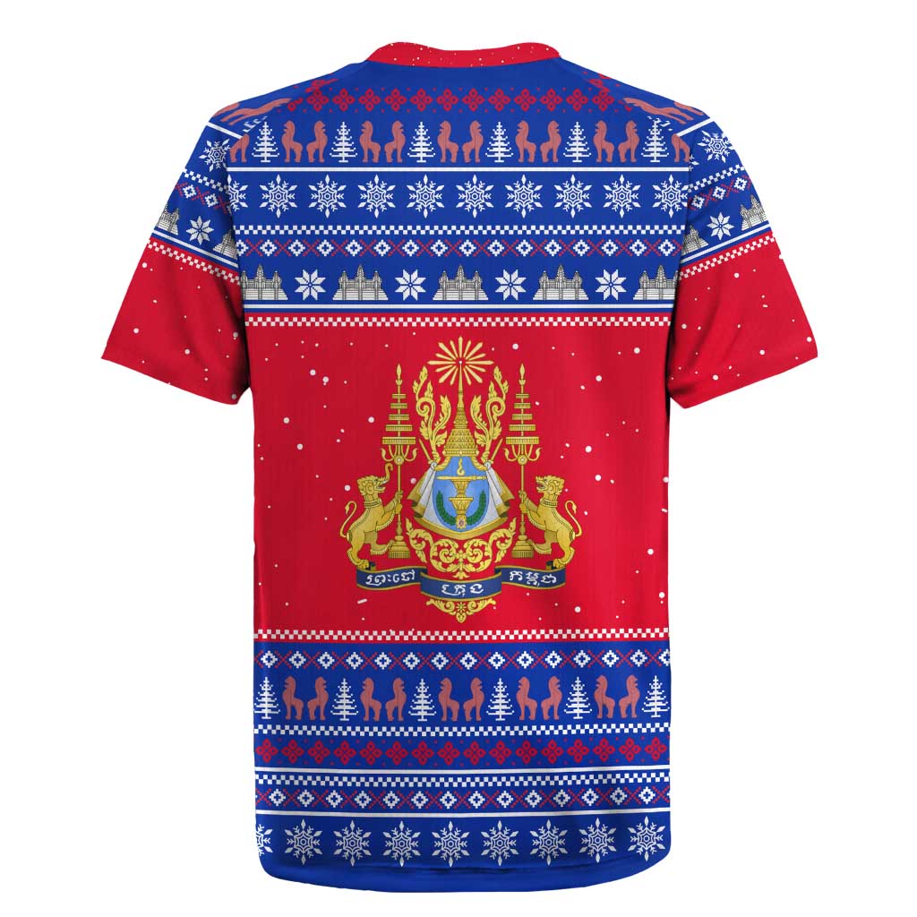Cambodia Christmas Rugby Jersey with Buffalo Children Holiday Tree Snowflakes and Khmer Pattern Design - Wonder Print Shop