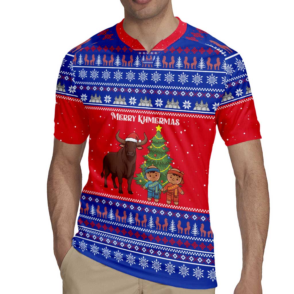 Cambodia Christmas Rugby Jersey with Buffalo Children Holiday Tree Snowflakes and Khmer Pattern Design - Wonder Print Shop