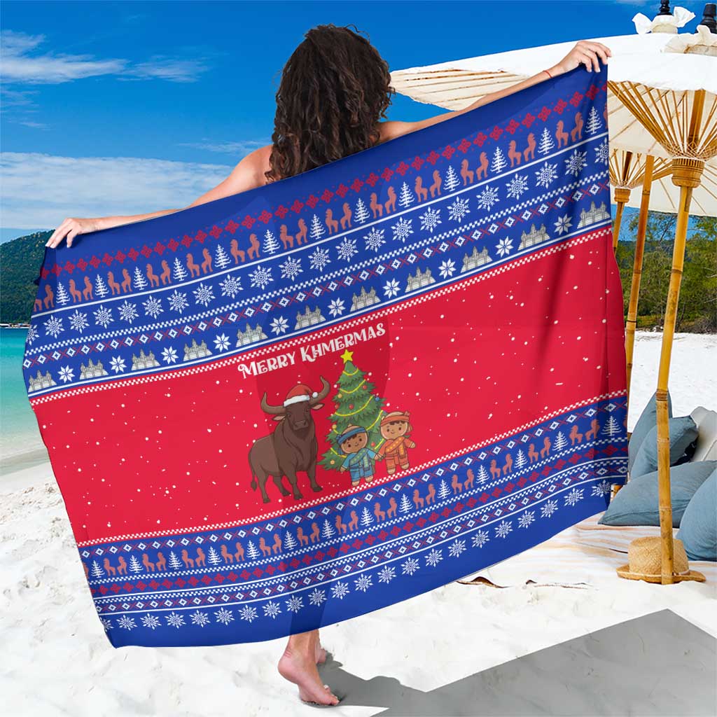Cambodia Christmas Sarong with Buffalo Children Holiday Tree Snowflakes and Khmer Pattern Design - Wonder Print Shop