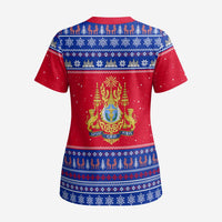 Cambodia Christmas Scrub Top with Buffalo Children Holiday Tree Snowflakes and Khmer Pattern Design - Wonder Print Shop