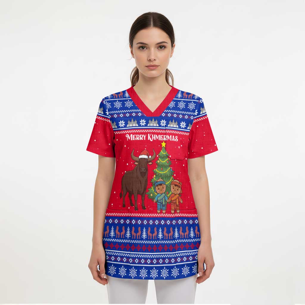 Cambodia Christmas Scrub Top with Buffalo Children Holiday Tree Snowflakes and Khmer Pattern Design - Wonder Print Shop