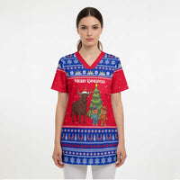 Cambodia Christmas Scrub Top with Buffalo Children Holiday Tree Snowflakes and Khmer Pattern Design - Wonder Print Shop