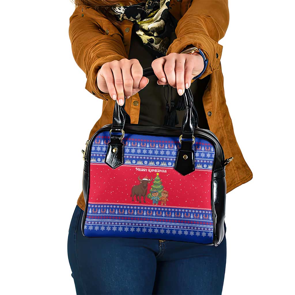 Cambodia Christmas Shoulder Handbag with Buffalo Children Holiday Tree Snowflakes and Khmer Pattern Design - Wonder Print Shop