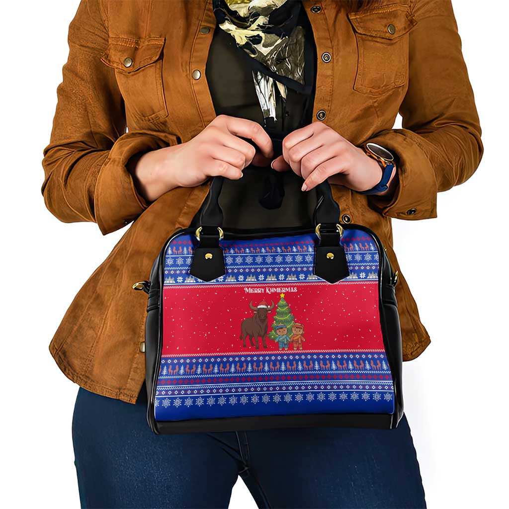 Cambodia Christmas Shoulder Handbag with Buffalo Children Holiday Tree Snowflakes and Khmer Pattern Design - Wonder Print Shop