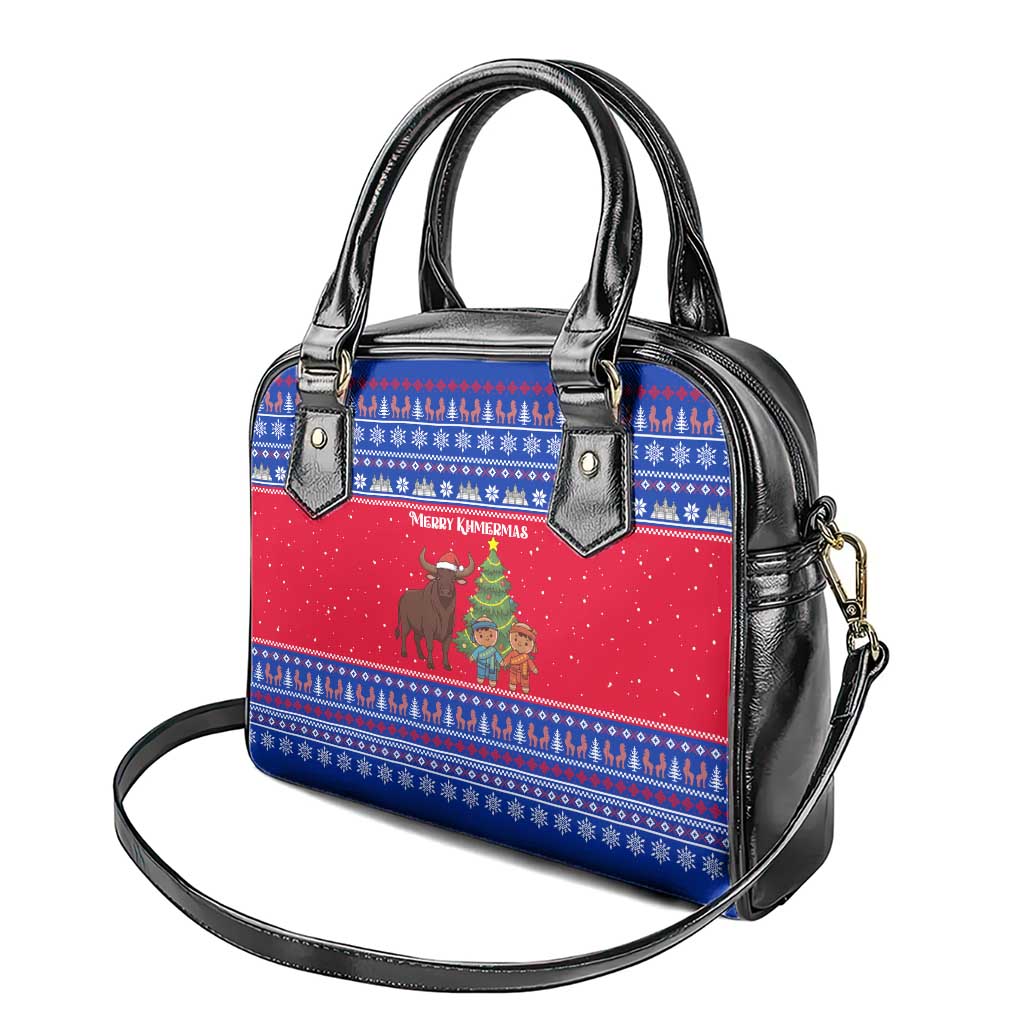 Cambodia Christmas Shoulder Handbag with Buffalo Children Holiday Tree Snowflakes and Khmer Pattern Design - Wonder Print Shop