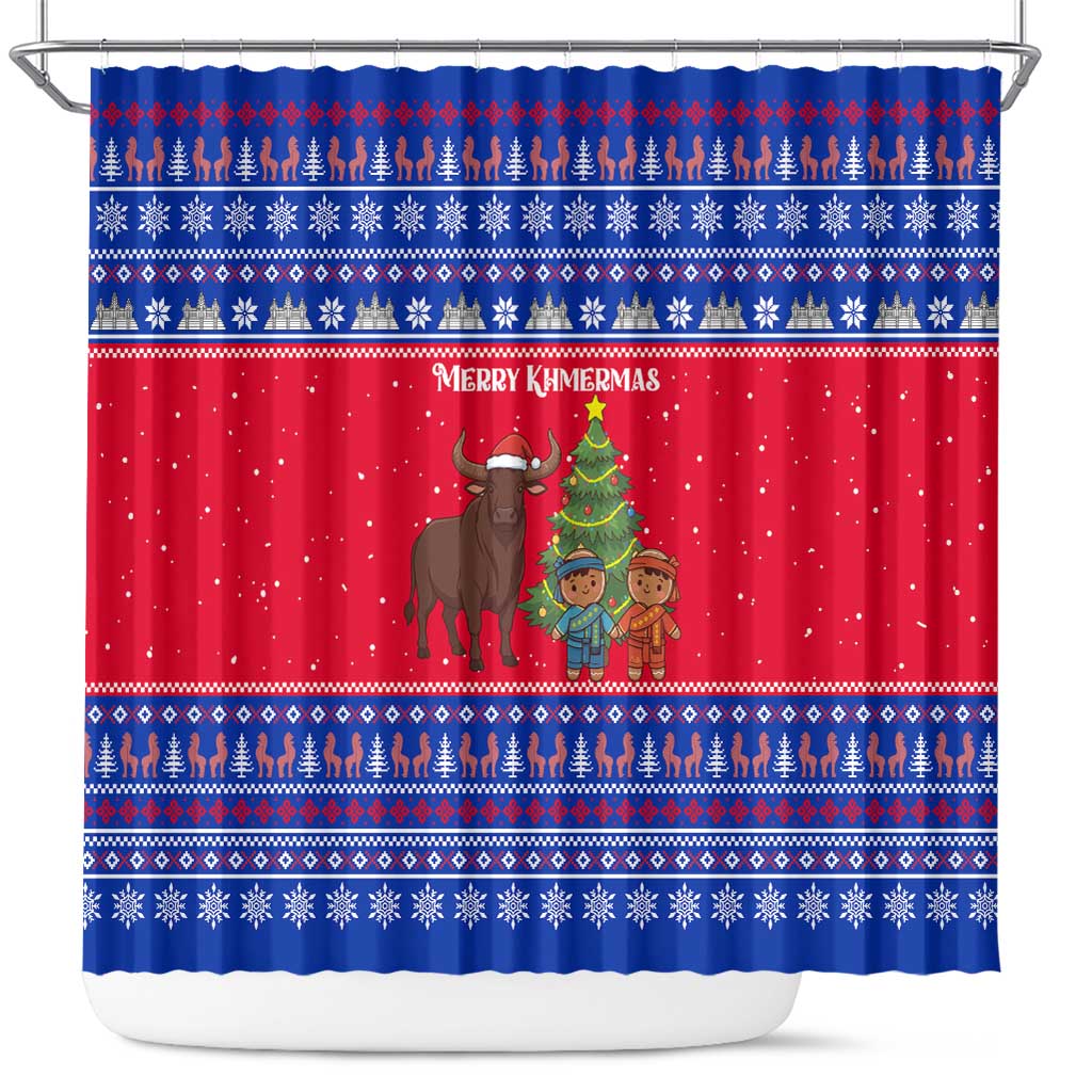 Cambodia Christmas Shower Curtain with Buffalo Children Holiday Tree Snowflakes and Khmer Pattern Design - Wonder Print Shop