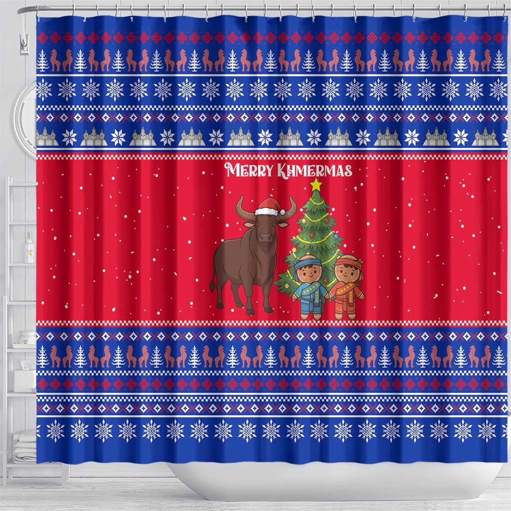 Cambodia Christmas Shower Curtain with Buffalo Children Holiday Tree Snowflakes and Khmer Pattern Design - Wonder Print Shop