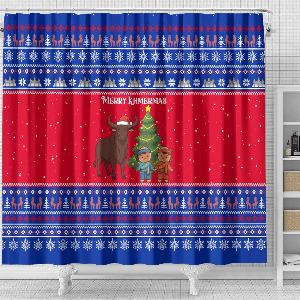 Cambodia Christmas Shower Curtain with Buffalo Children Holiday Tree Snowflakes and Khmer Pattern Design - Wonder Print Shop