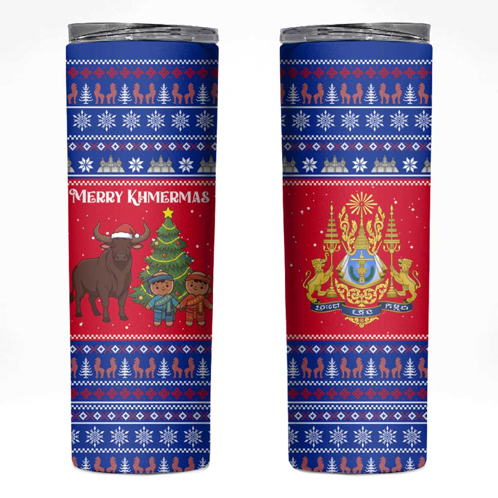 Cambodia Christmas Skinny Tumbler with Buffalo Children Holiday Tree Snowflakes and Khmer Pattern Design - Wonder Print Shop