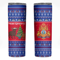 Cambodia Christmas Skinny Tumbler with Buffalo Children Holiday Tree Snowflakes and Khmer Pattern Design - Wonder Print Shop