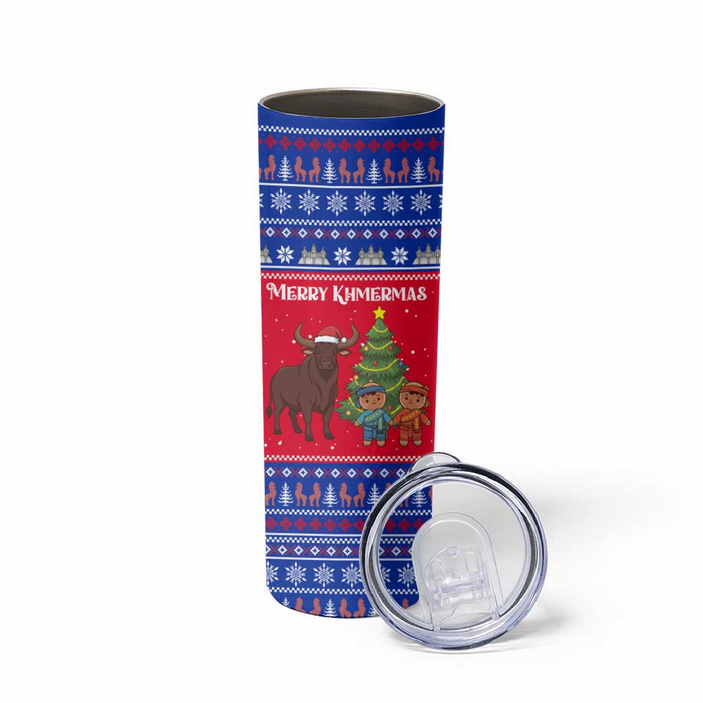 Cambodia Christmas Skinny Tumbler with Buffalo Children Holiday Tree Snowflakes and Khmer Pattern Design - Wonder Print Shop