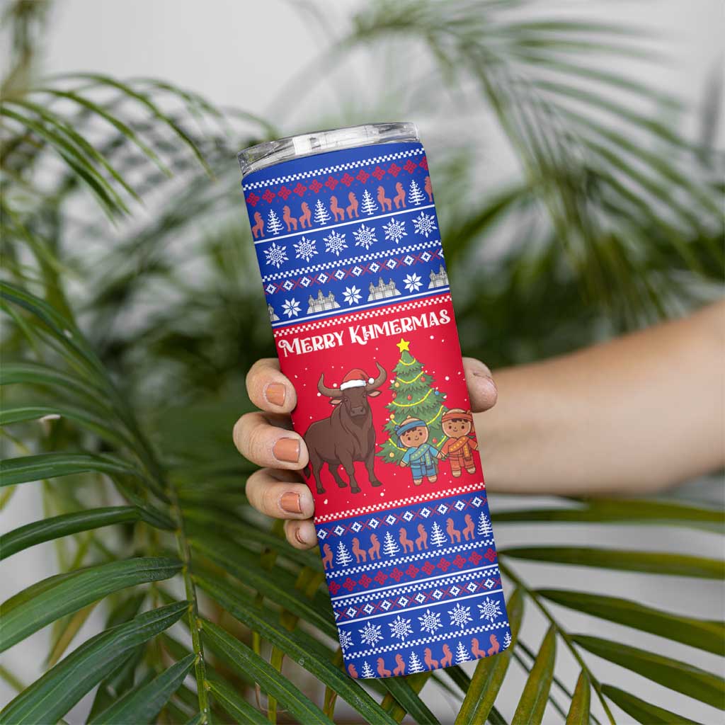 Cambodia Christmas Skinny Tumbler with Buffalo Children Holiday Tree Snowflakes and Khmer Pattern Design - Wonder Print Shop