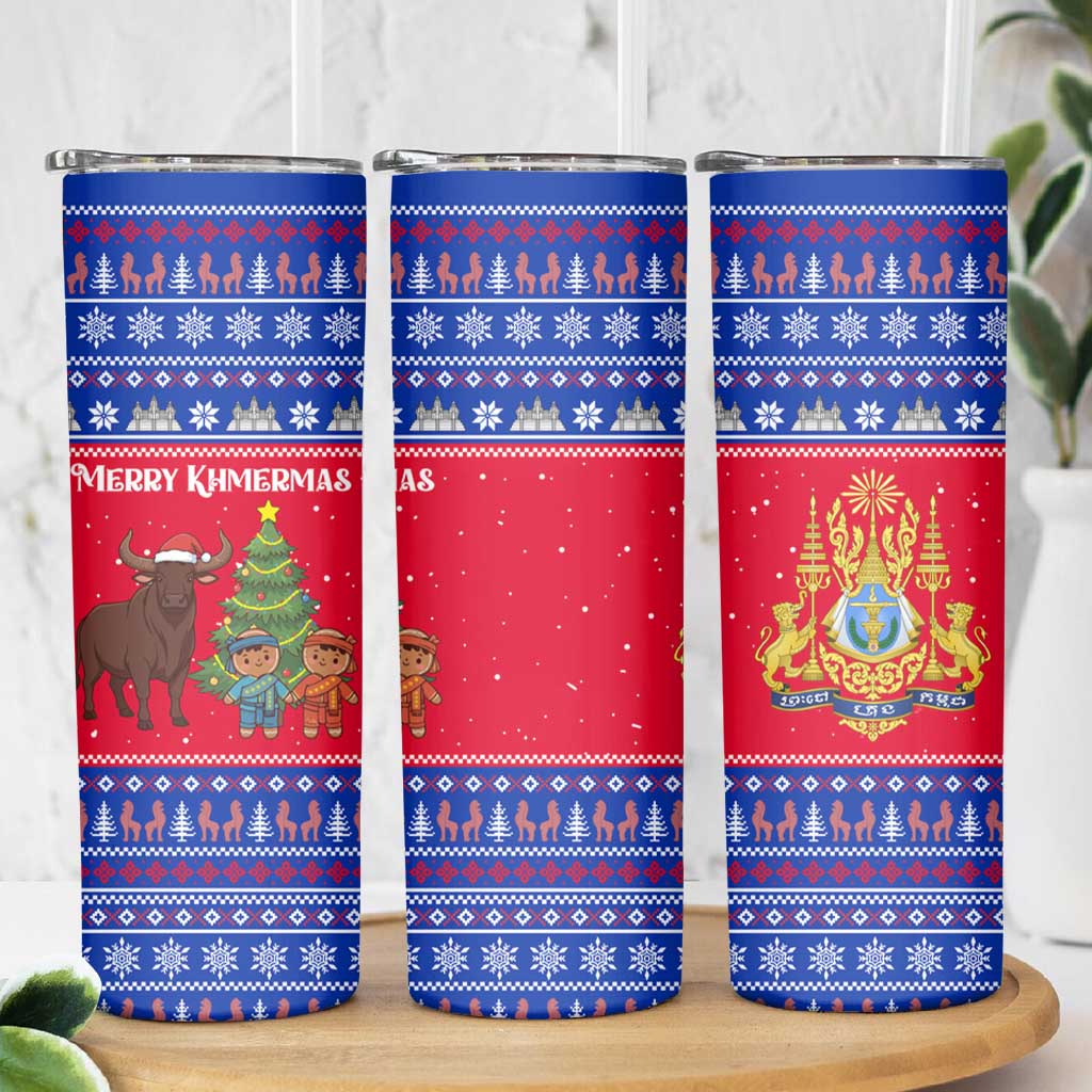 Cambodia Christmas Skinny Tumbler with Buffalo Children Holiday Tree Snowflakes and Khmer Pattern Design - Wonder Print Shop