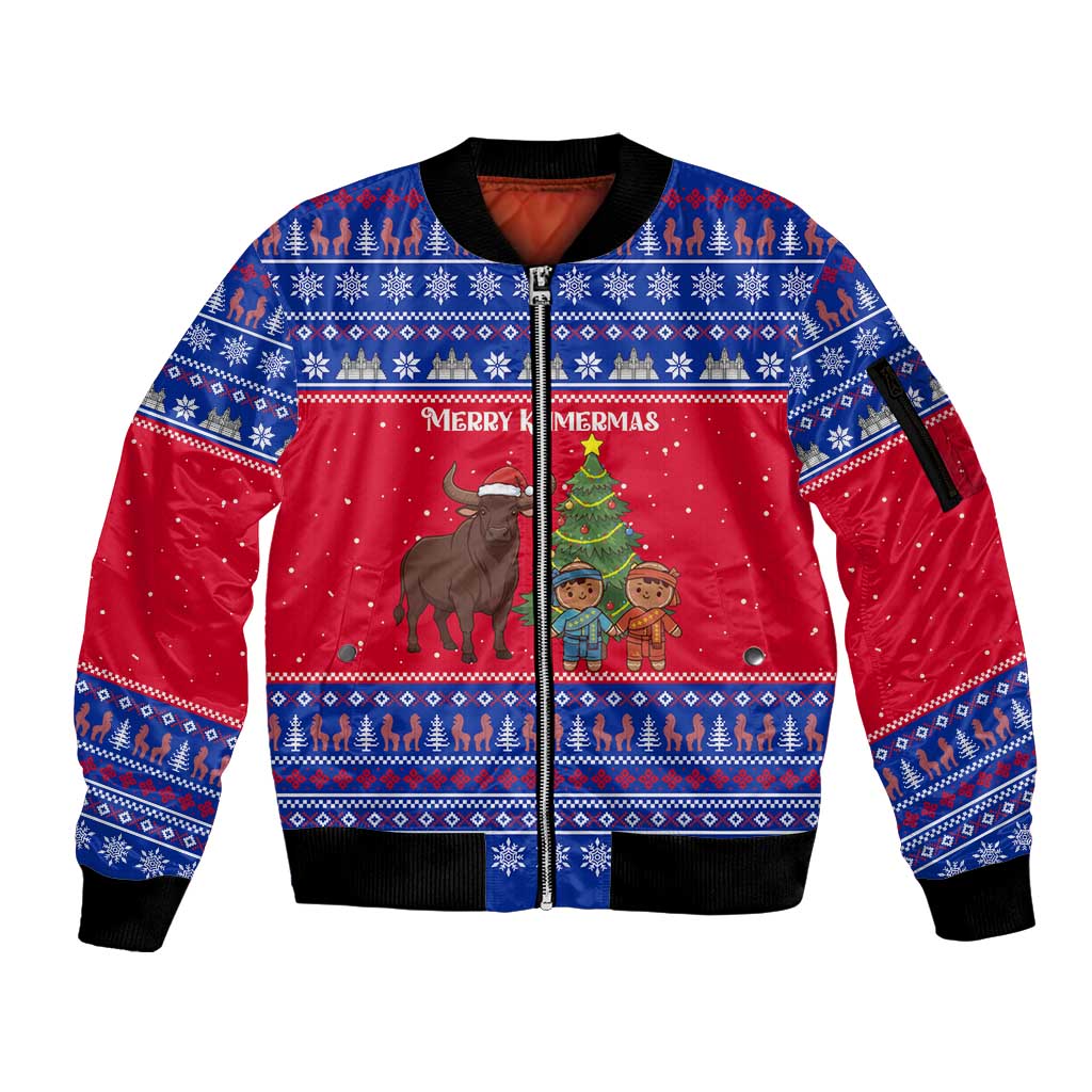 Cambodia Christmas Sleeve Zip Bomber Jacket with Buffalo Children Holiday Tree Snowflakes and Khmer Pattern Design - Wonder Print Shop