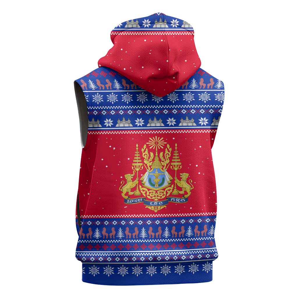 Cambodia Christmas Sleeveless Hoodie with Buffalo Children Holiday Tree Snowflakes and Khmer Pattern Design - Wonder Print Shop