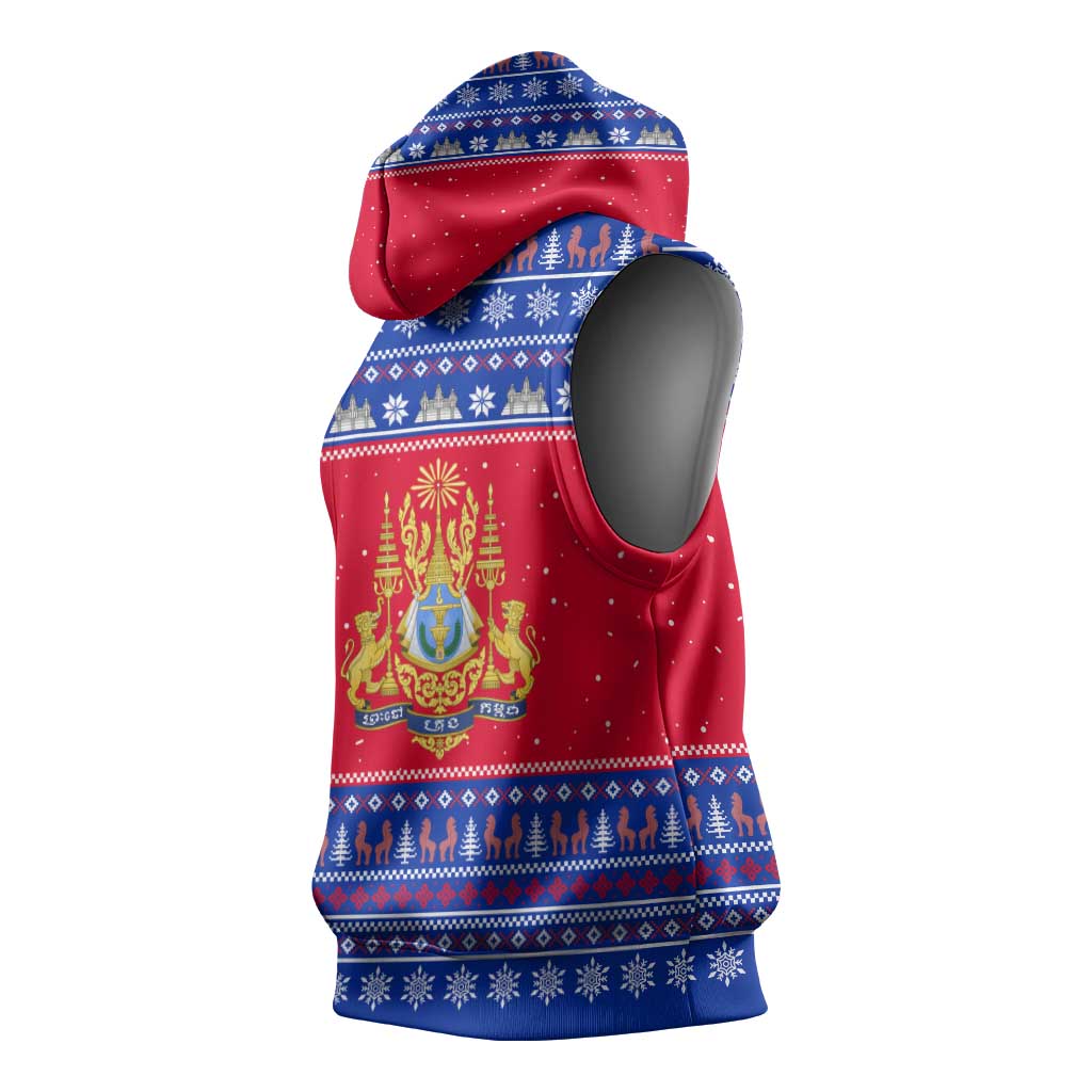 Cambodia Christmas Sleeveless Hoodie with Buffalo Children Holiday Tree Snowflakes and Khmer Pattern Design - Wonder Print Shop