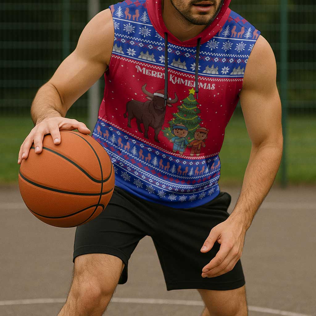 Cambodia Christmas Sleeveless Hoodie with Buffalo Children Holiday Tree Snowflakes and Khmer Pattern Design - Wonder Print Shop