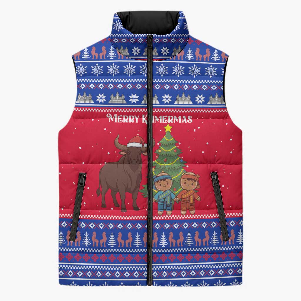 Cambodia Christmas Sleeveless Puffer Jacket with Buffalo Children Holiday Tree Snowflakes and Khmer Pattern Design - Wonder Print Shop