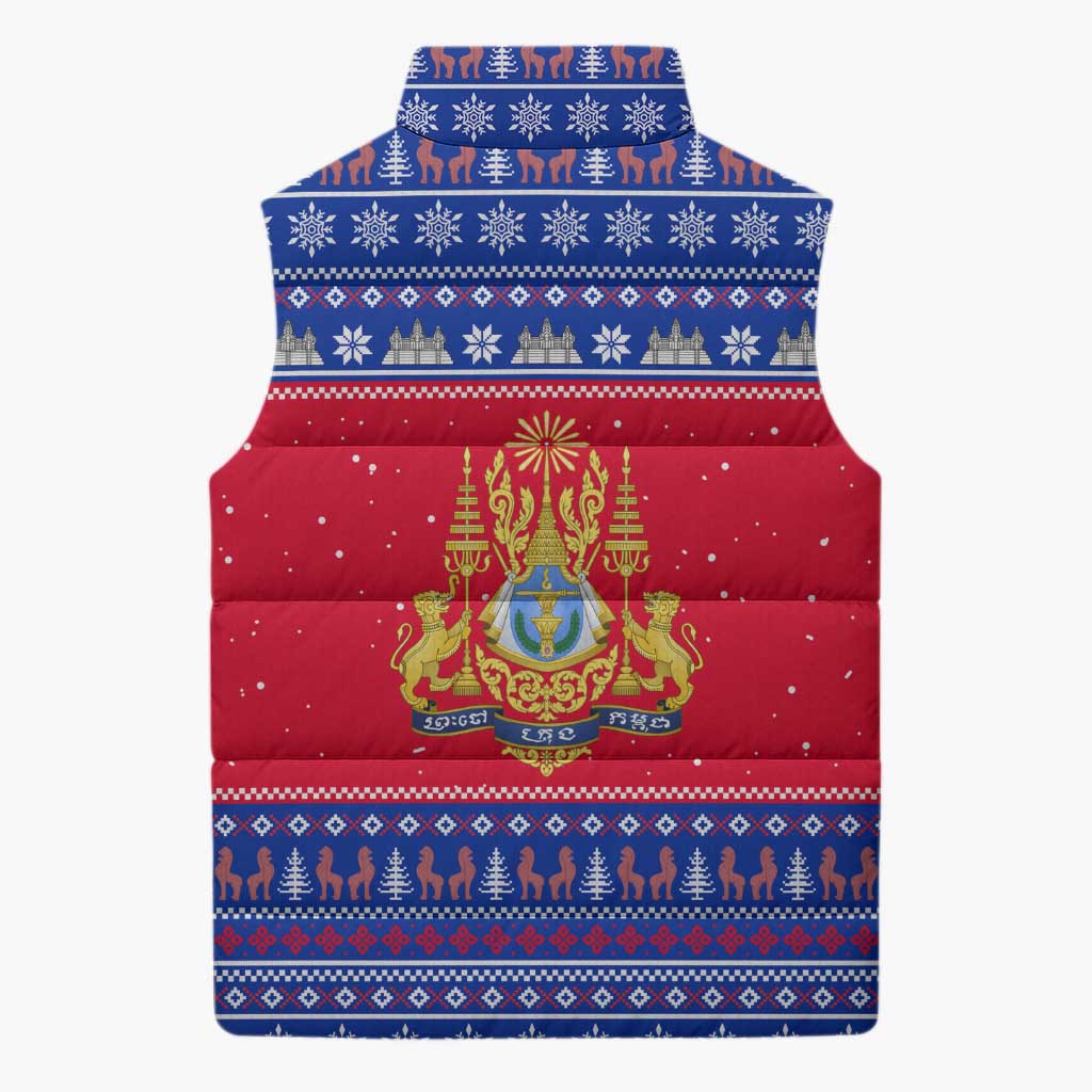 Cambodia Christmas Sleeveless Puffer Jacket with Buffalo Children Holiday Tree Snowflakes and Khmer Pattern Design - Wonder Print Shop