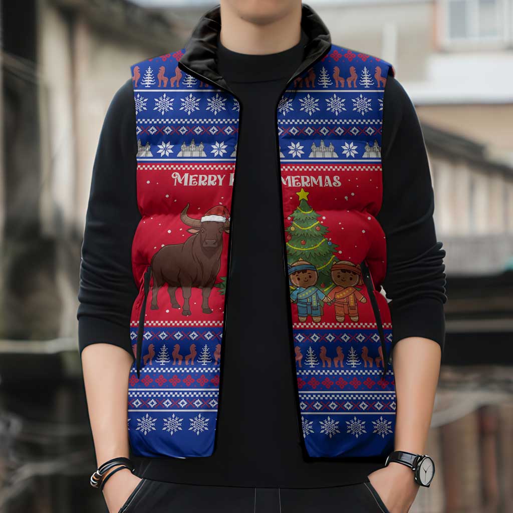 Cambodia Christmas Sleeveless Puffer Jacket with Buffalo Children Holiday Tree Snowflakes and Khmer Pattern Design - Wonder Print Shop