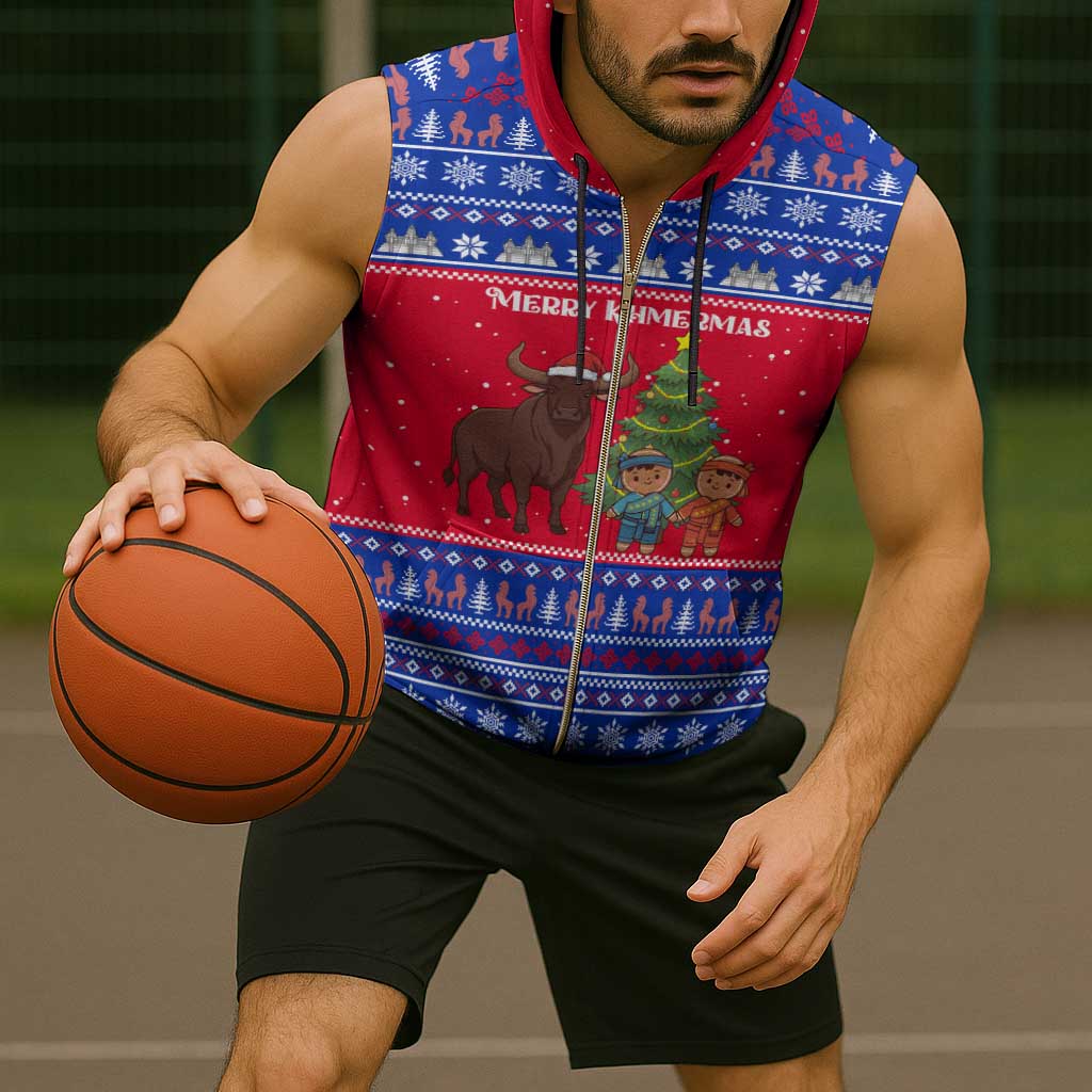 Cambodia Christmas Sleeveless Zip Hoodie with Buffalo Children Holiday Tree Snowflakes and Khmer Pattern Design - Wonder Print Shop