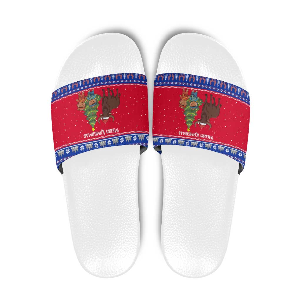 Cambodia Christmas Slide Sandals with Buffalo Children Holiday Tree Snowflakes and Khmer Pattern Design - Wonder Print Shop