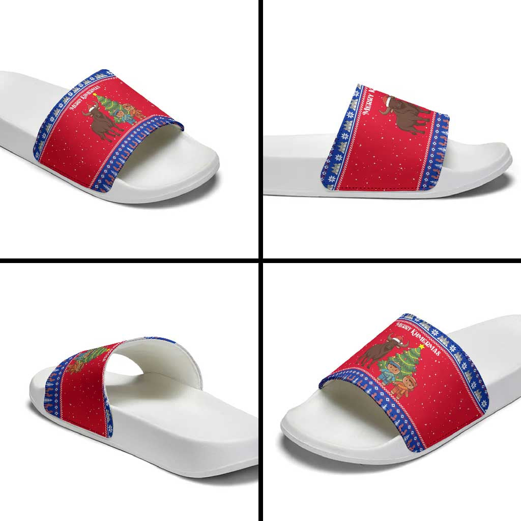 Cambodia Christmas Slide Sandals with Buffalo Children Holiday Tree Snowflakes and Khmer Pattern Design - Wonder Print Shop